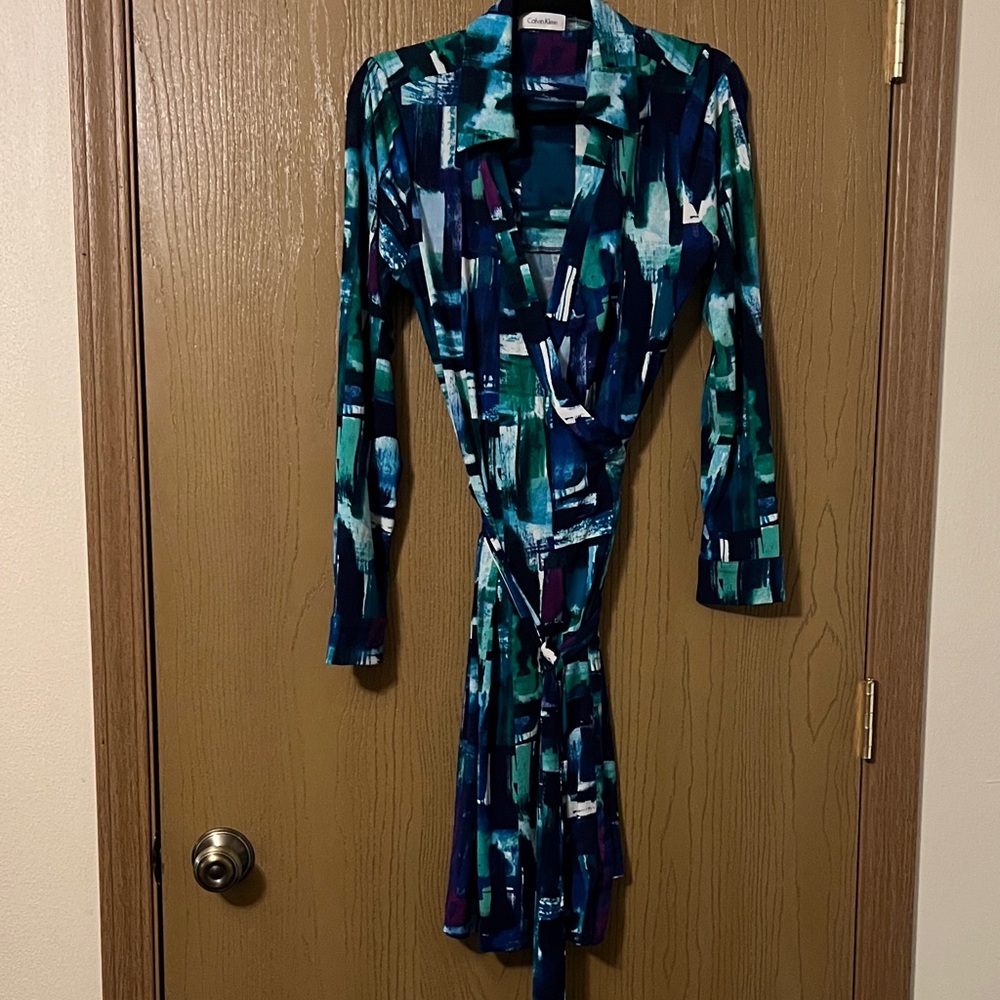 Calvin Klein Blue and Green Long Sleeve Dress
